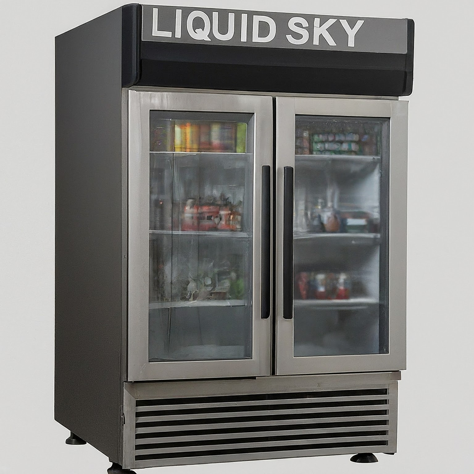 a commercial refrigerator, written " Liquid Sky Projects "